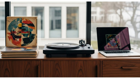A cinematic wide environmental shot (16:9) showcasing a contrast setup on a low walnut credenza in aの素材