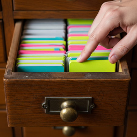 A focused 1:1 square composition capturing the tactile process of analog organization. The scene isの素材