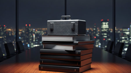 A cinematic ultrawide shot (16:9) capturing the collision of responsibilities. A worn, heavy metal tの素材