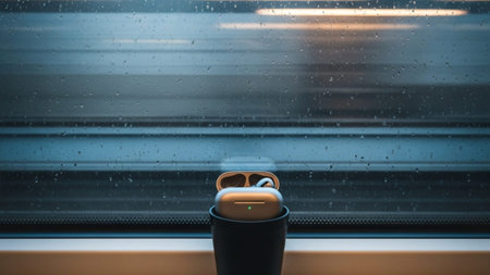 A cinematic, ultrawide 16:9 stock image capturing a sleek wireless earbud case resting inside a miniの素材