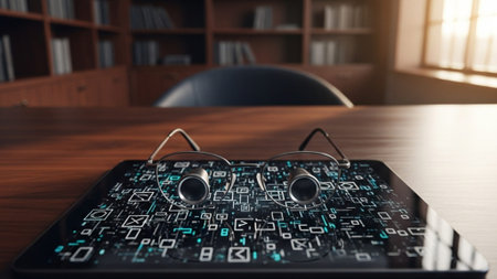 An ultrawide 16:9 cinematic shot of a reading setup in an elegant, dimly lit study. A pair of silverの素材