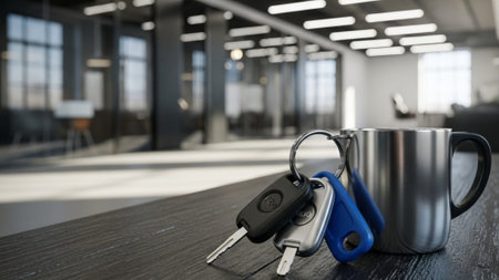 A cinematic wide environmental shot (16:9 aspect ratio) of a modern enterprise workspace. The composの素材