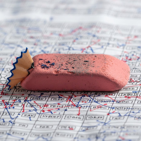 An extreme macro close-up, centered on a heavily used, worn-down rectangular pink rubber eraser. Theの素材