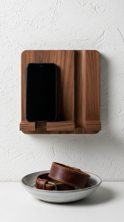 A vertical composition (9:16) capturing a ritualistic digital detox setup: a small, empty, wall-mounの素材