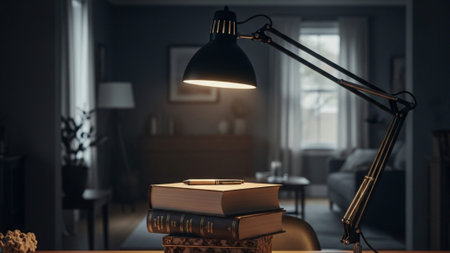 Panoramic, ultrawide 16:9 environmental wide shot. The focus is on a high-quality articulated desk lの素材