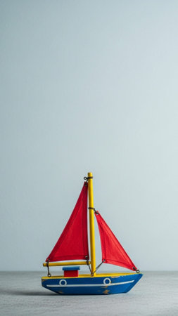 A vertical, high-key stock photo featuring a small, colorful, hand-painted wooden toy boat centeredの素材