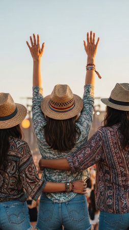 A high-definition, vertical 9:16 full-body shot of three young adults celebrating wildly at a massivの素材