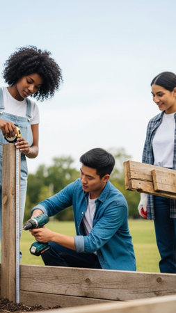 A vertical, full-body stock photo capturing three diverse friends working together outdoors on a susの素材