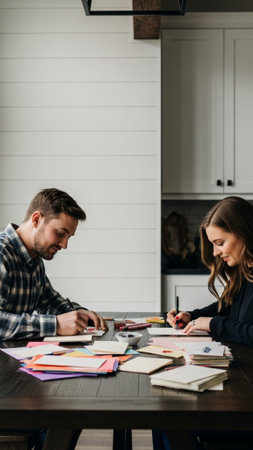 A striking vertical 9:16 full-body portrait of a young adult couple collaborating intensely on Valenの素材