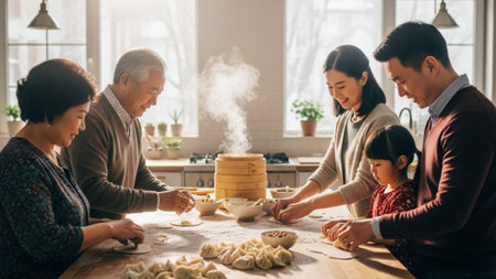A cinematic environmental wide shot capturing a multi-generational family (grandparents, parents, chの素材