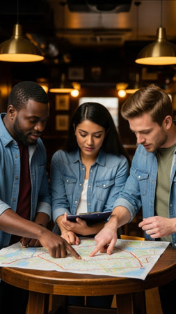 A vertical, full-body cinematic photograph showing three diverse community organizers meeting in a hの素材