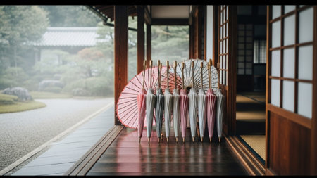 Cinematic wide shot (16:9) capturing a long row of tightly rolled Japanese wagasa (rice paper umbrelの素材