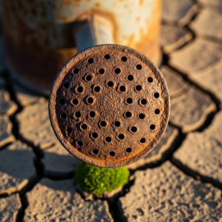 Hero detail shot. A tight, centered, square close-up focusing on the deeply rusted spout (rose) of aの素材