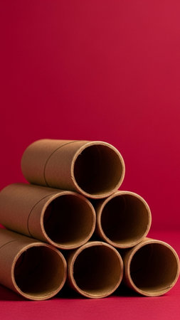 Editorial close-up still life featuring tightly rolled, empty brown paper color-distribution tubes sの素材