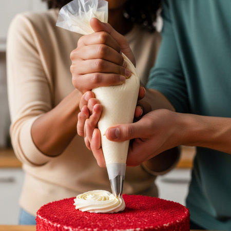 A tightly framed, square close-up focusing on the hands of a diverse young heterosexual couple collaの素材