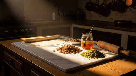 Baking ingredients on a kitchen table with rolling pin and olive oilの素材