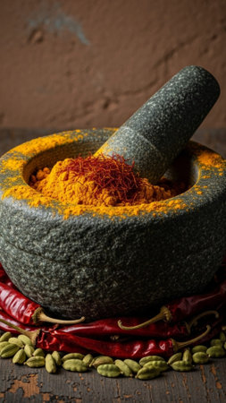 Spices and herbs in mortar and pestle on rustic backgroundの素材