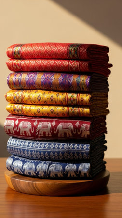 A vertical, tall (9:16) composition showcasing a striking, high stack of six tightly rolled traditioの素材