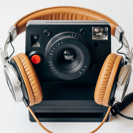A square, tightly framed close-up focusing purely on the worn texture of a vintage instant film cameの素材