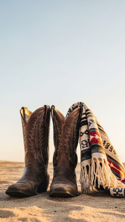 A striking vertical editorial image capturing dusty, well-worn leather cowboy boots and a patternedの素材