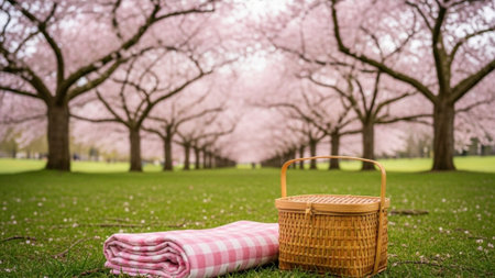 A cinematic wide shot (16:9 panoramic) capturing the peaceful setting of a park blanketed by cherryの素材