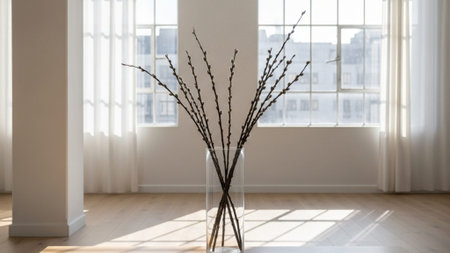 Pussy willow branches in a vase in a white roomの素材