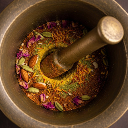Mortar and pestle with spices and herbs. Top view.の素材