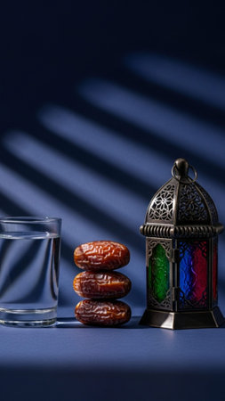 A vertical, tall 9:16 stock photo concept showing the Ramadan Iftar symbolism. The setup features thの素材