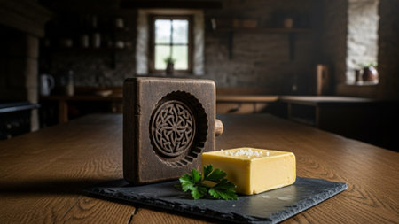 A cinematic wide shot (16:9) of a traditional Irish farmhouse kitchen interior. The focus is on a woの素材