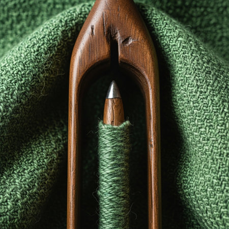 A tightly framed, square composition capturing the essence of traditional textile heritage. The centの素材