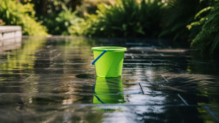 An expansive, ultra-wide 16:9 cinematic shot of a single, clean, neon green plastic water bucket sitの素材