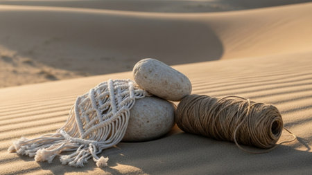 A cinematic ultrawide 16:9 view of a minimalist desert still life. The arrangement--smooth, pale deseの素材