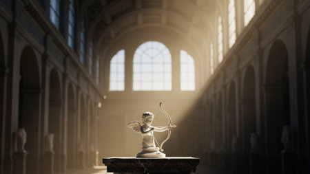 A panoramic, cinematic wide shot of a vast, high-ceilinged neoclassical museum hall. The room is mosの素材