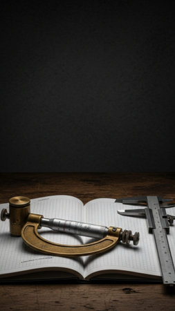 Vernier caliper and old book on wooden table with black backgroundの素材