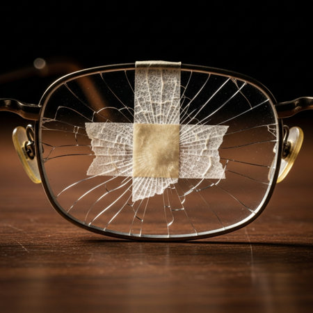 broken glasses on a wooden table with a bandage on the broken glassの素材