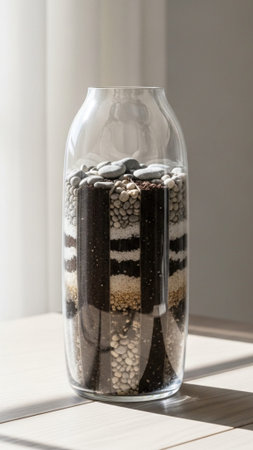 A striking vertical, tall 9:16 shot focusing on an empty, layered glass terrarium vessel, centered oの素材