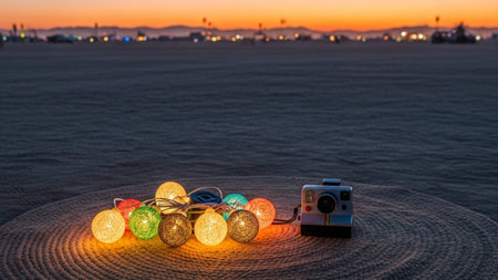 An environmental wide shot (16:9) capturing the silent preparation for a large-scale desert festivalの素材