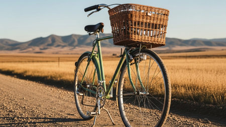 Bicycle in the middle of the desert with a wicker basketの素材