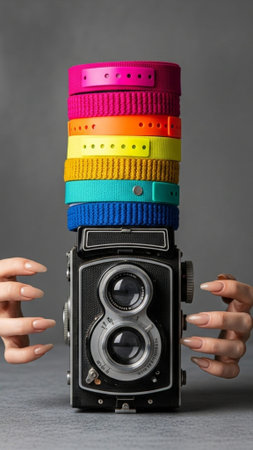 A vertical, tall 9:16 editorial composition featuring a vintage twin-lens reflex camera (TLR) centerの素材