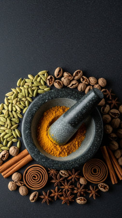 A striking vertical, high-angle stock image featuring a stone pestle and mortar centered on a dark sの素材