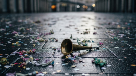 A cinematic wide shot (16:9) captures a desolate European cobblestone plaza shortly after dawn. In tの素材