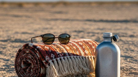 A cinematic environmental wide shot (16:9) capturing a still life of travel essentials on sun-bakedの素材
