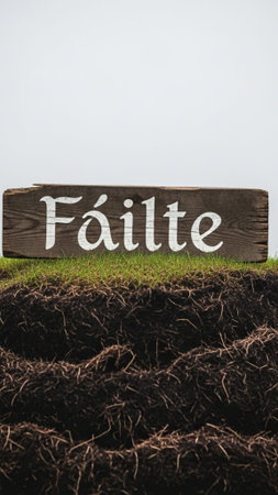 A vertical, tall (9:16) composition showcasing a rough, hand-painted wooden sign reading 'Failte' (Wの素材