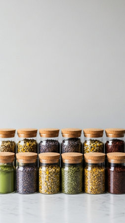 A tall, vertical 9:16 photograph capturing a centered, minimalist arrangement of small glass jars wiの素材