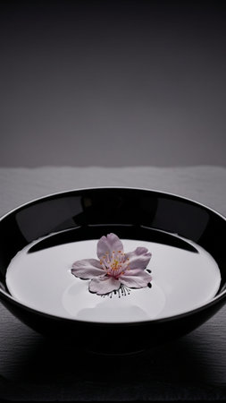 A refined, high-contrast vertical still life photo (9:16) capturing a fragile Sakura branch within aの素材