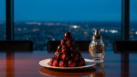 A cinematic, ultra-wide 16:9 shot capturing a luxurious Valentine's Day dessert setup on a dark mahoの素材