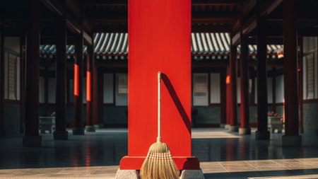 An ultrawide 16:9 cinematic photograph capturing the solemn preparation for Lunar New Year. A new, gの素材