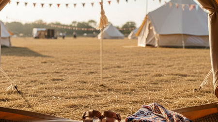 Cinematic wide-shot (16:9) capturing the anticipation of a warm-weather event. A pair of luxurious,の素材
