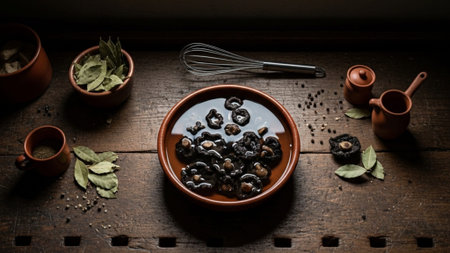 A cinematic, ultra-wide overhead view of a dark, rustic pantry kitchen. The central focus is a terraの素材