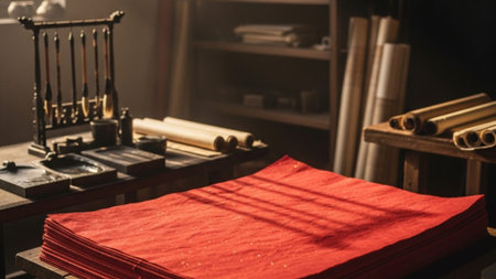 Panoramic environmental wide shot capturing a traditional artisan's workshop with a central stack ofの素材